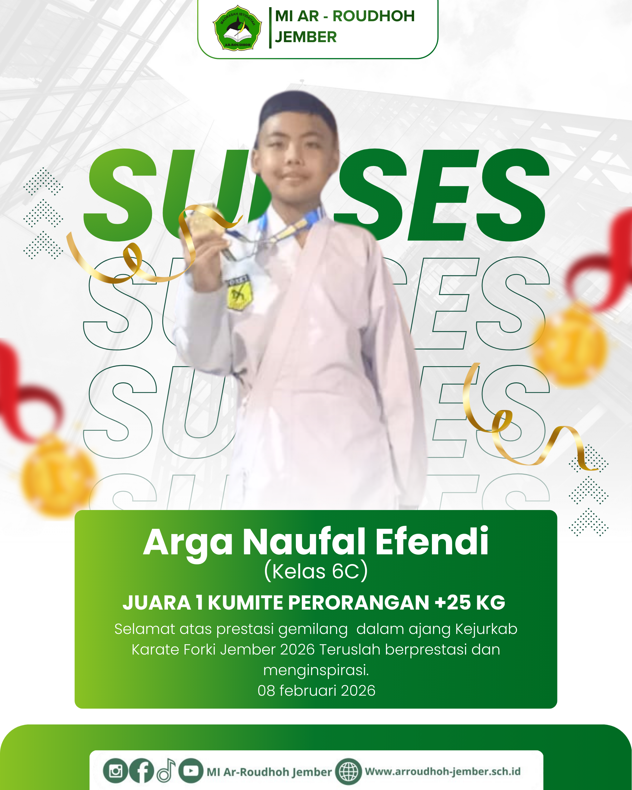 Prestasi Gemilang! Arga Naufal Efendi Raih JUARA 1 KUMITE PERORANGAN +25 KG FORKI Jember 2026