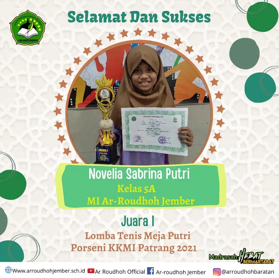 Novelia Sabrina Putri Raih Juara 1 Lomba Tenis Meja Putri pada PORSENI KKMI Patrang 2021