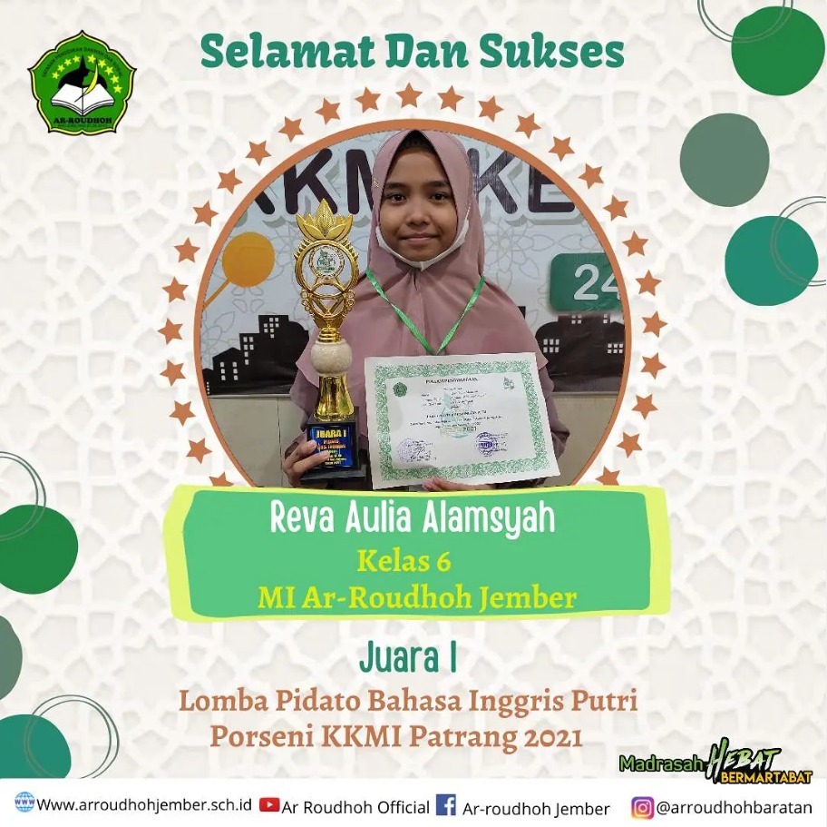 Siswa MI Ar Roudhoh Raih Juara 1 Lomba Pidato Bahasa Inggris pada PORSENI KKMI Patrang 2021