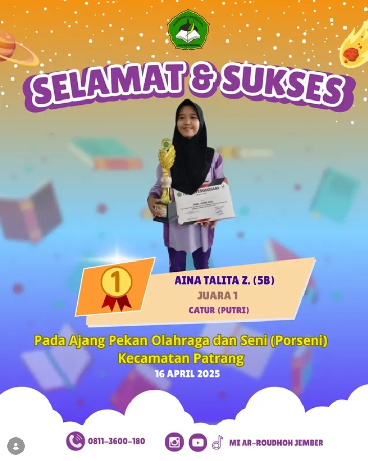 Aina Talita Zahran Raih Juara 1 Catur Putri pada PORSENI Kecamatan Patrang