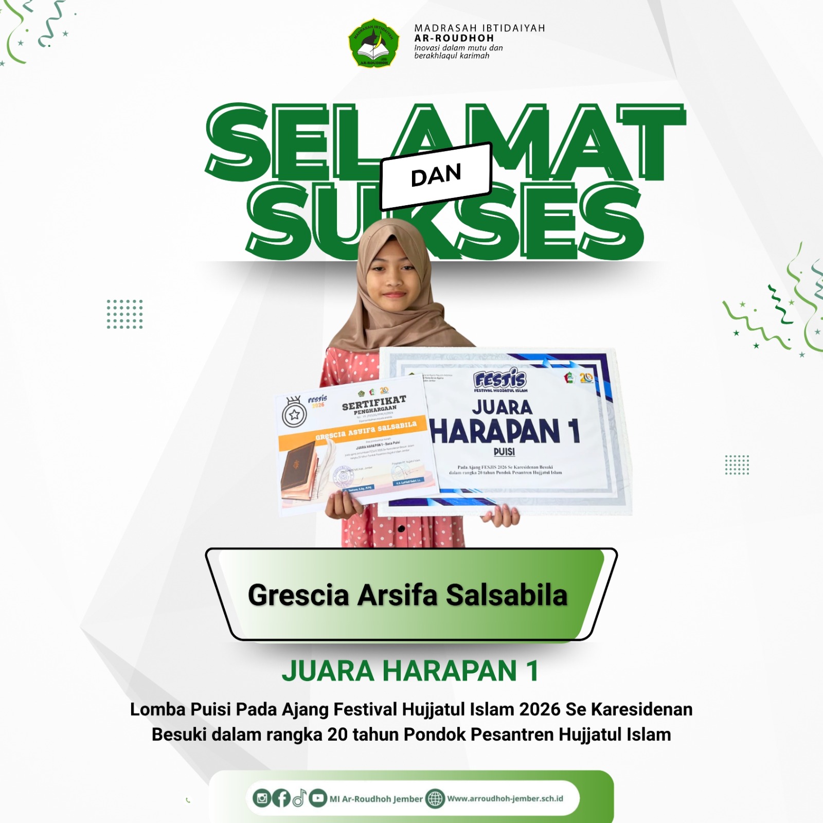 Grescia Arsifa Salsabila Raih Juara Harapan 1 Lomba Puisi Festival Hujjatul Islam 2026