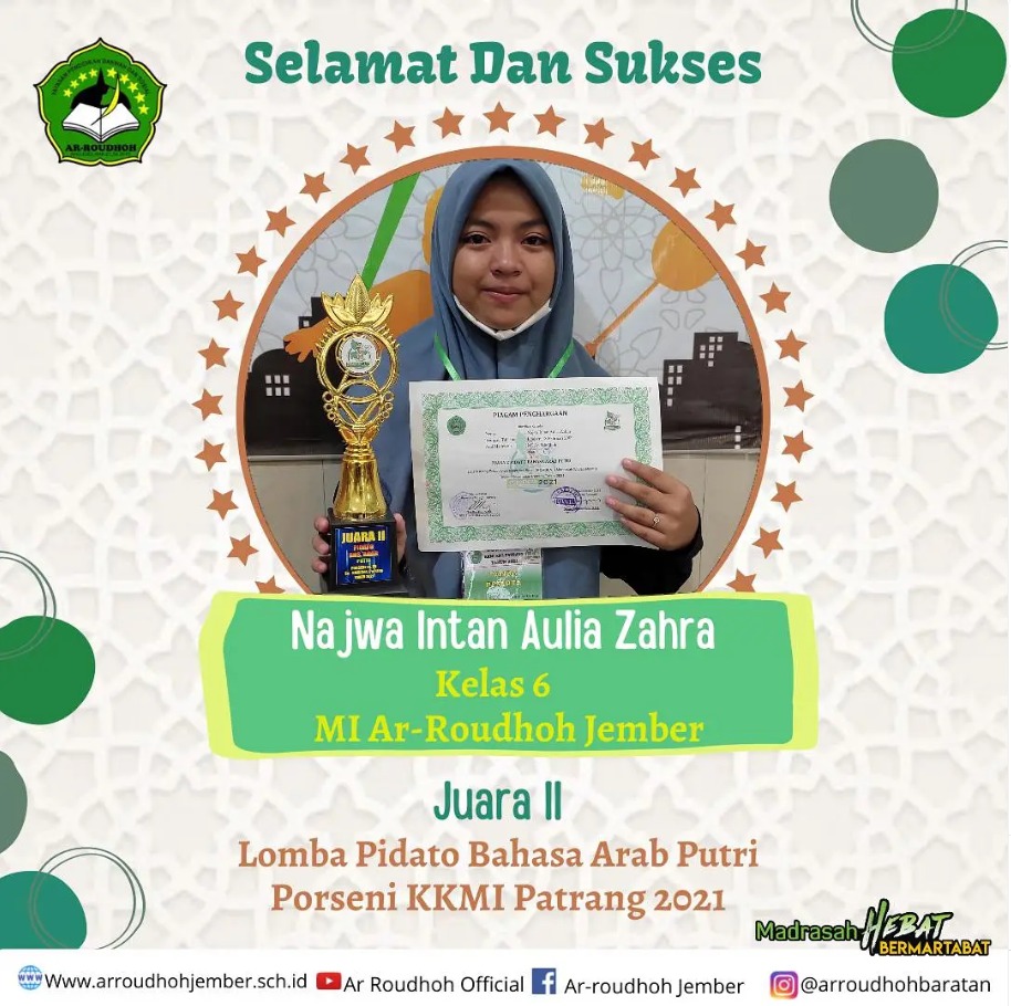 Siswa MI Ar Roudhoh Raih Juara 2 Lomba Pidato Bahasa Arab Putri pada PORSENI KKMI Patrang 2021