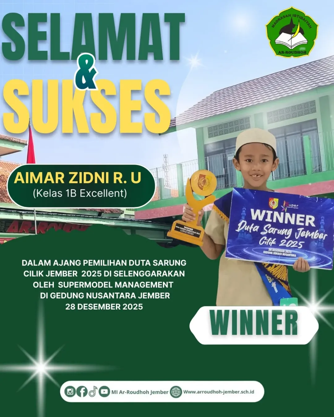 Prestasi Luar Biasa! Siswa MI Ar-Roudhoh Jember Raih Winner Duta Sarung Cilik Jember 2025