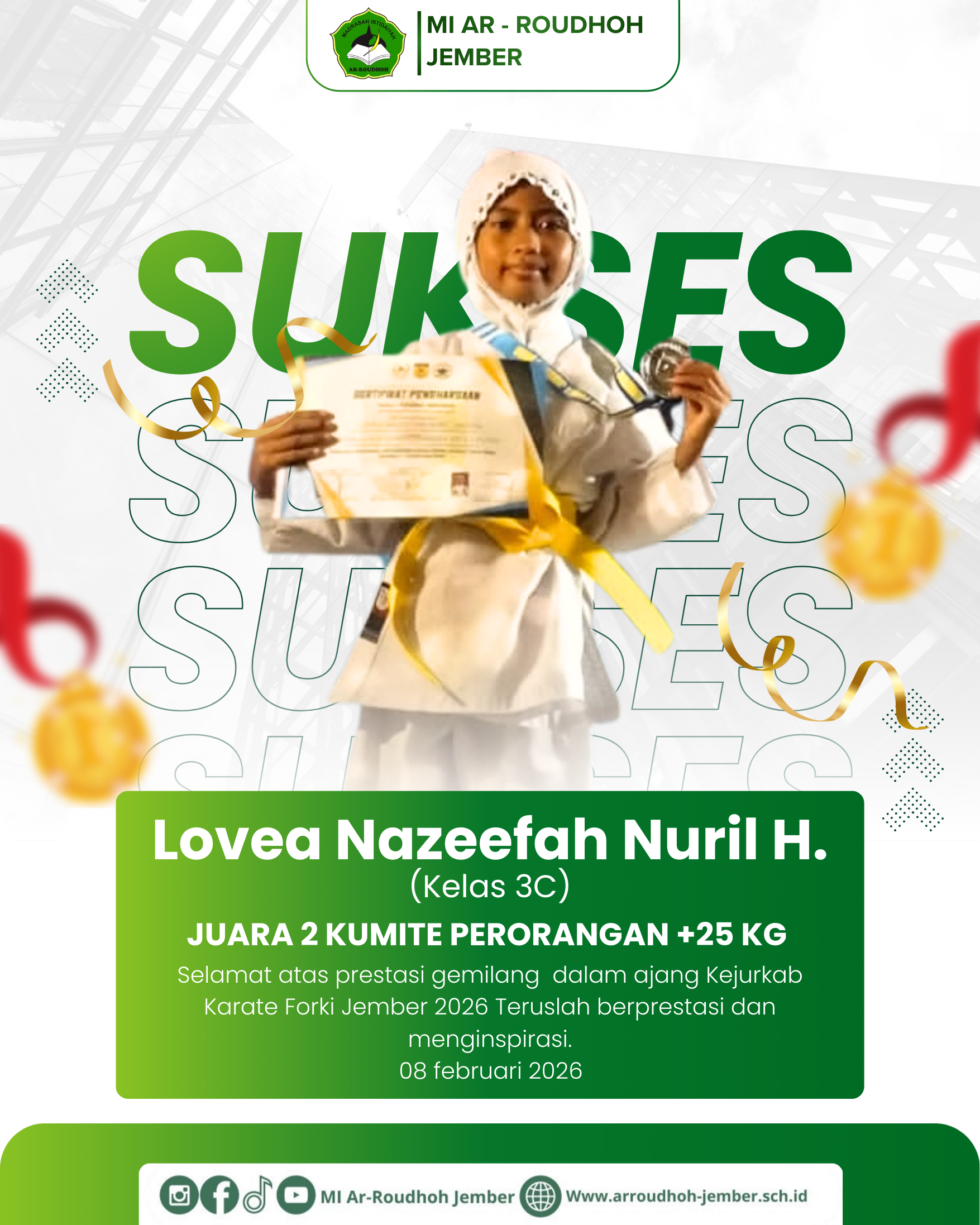 Prestasi Gemilang! Lovea Nazeefah Nuril H. Raih JUARA 2 KUMITE PERORANGAN +25 KG FORKI Jember 2026