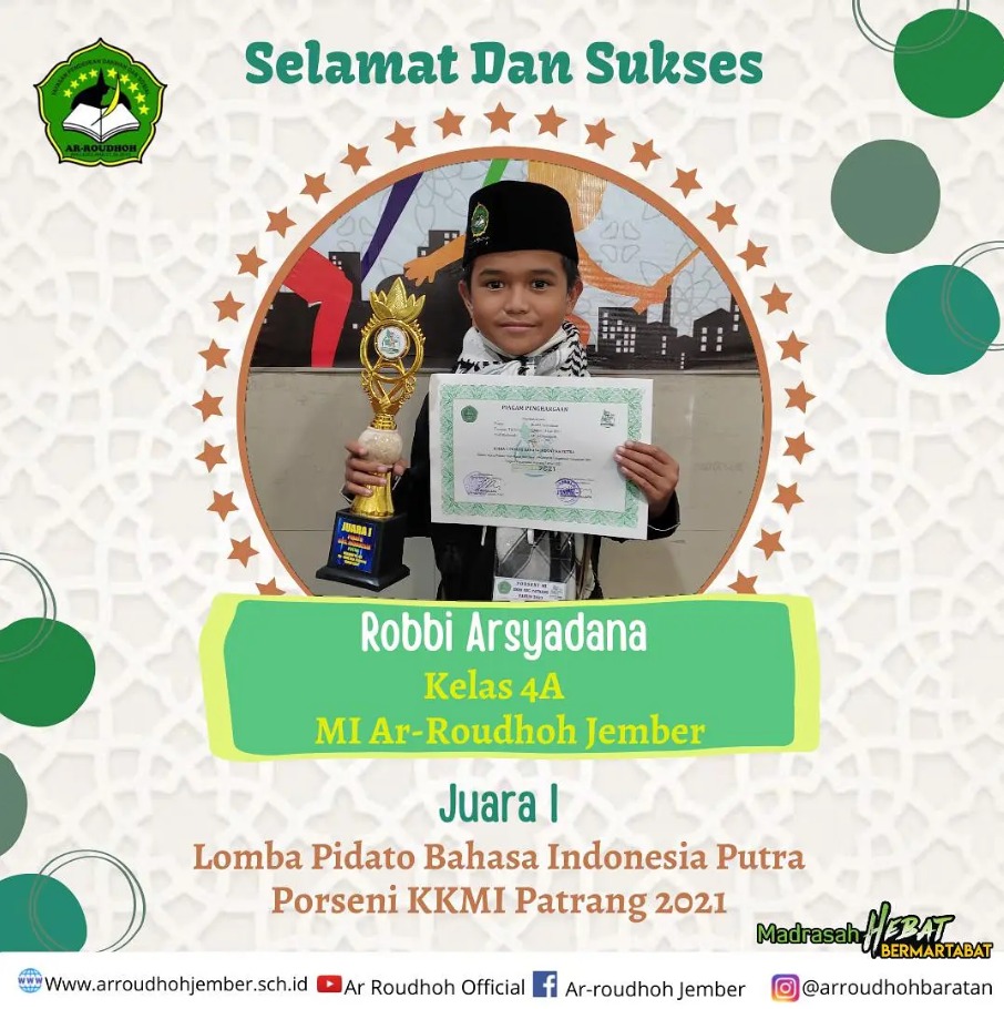 Siswa MI Ar Roudhoh Raih Juara 1 Lomba Pidato Bahasa Indonesia Putra pada PORSENI KKMI Patrang 2021