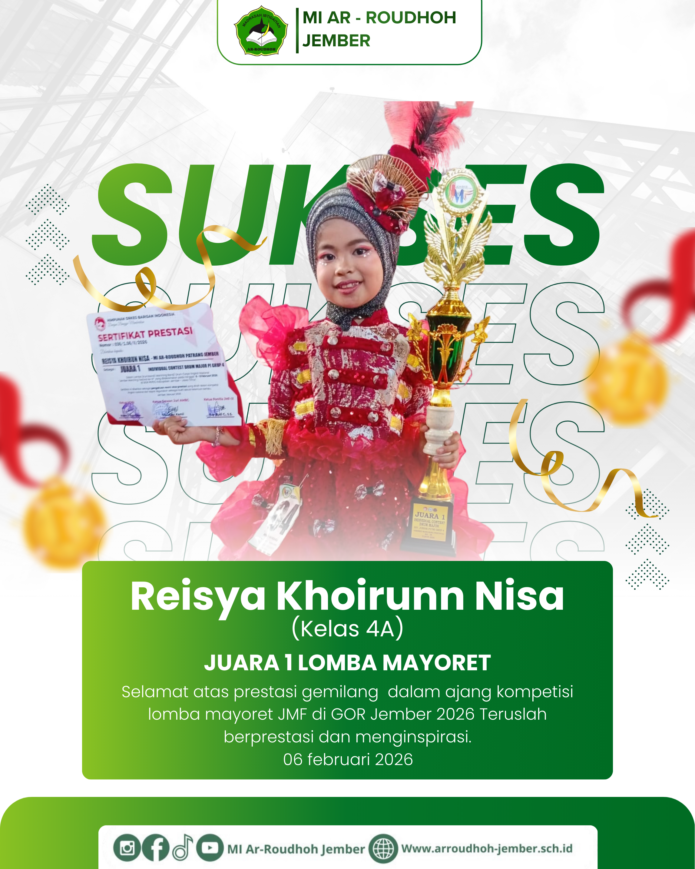 Prestasi Gemilang! Reisya Khoirunn Nisa ajang kompetisi lomba mayoret JMF di GOR 2026